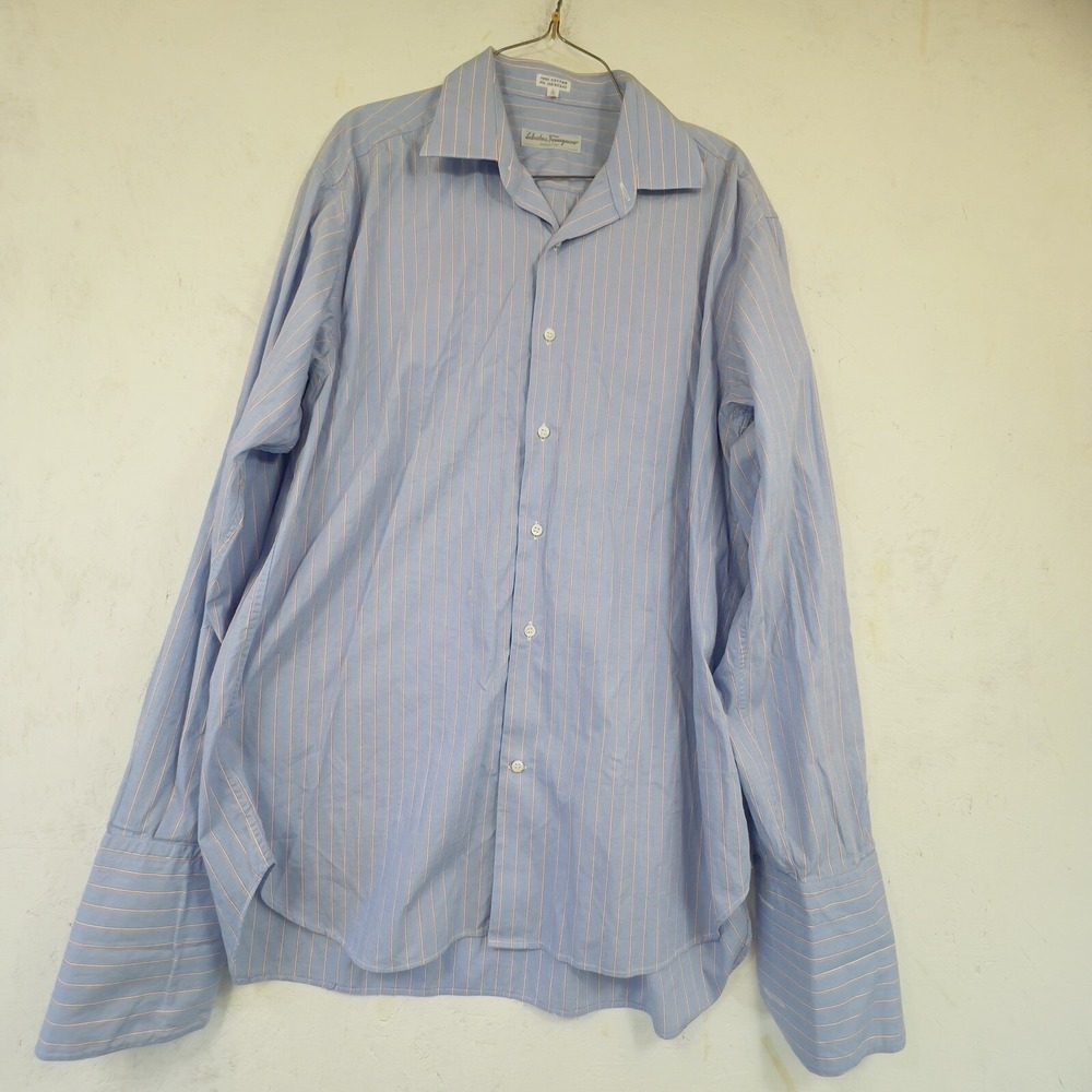 Salvatore Ferragamo Mens Striped Cotton Dress Shirt Blue Red French‎ Cuff 16